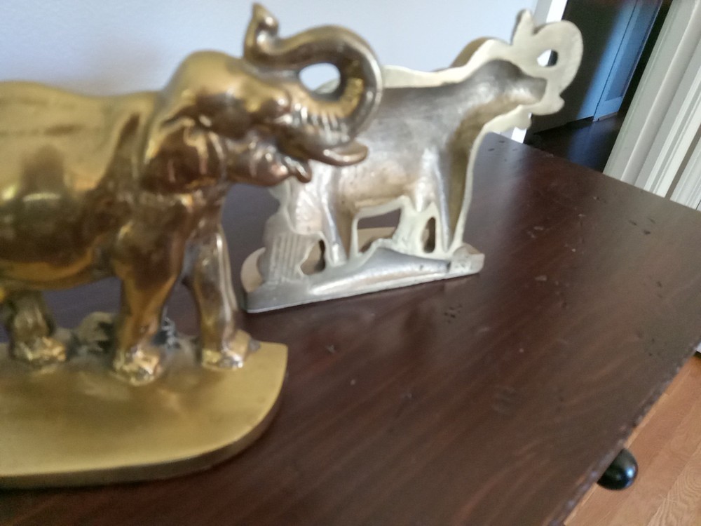 Vntg Solid Brass Elephant Book Ends - Approx 5"h X 5" X 2" Taiwan