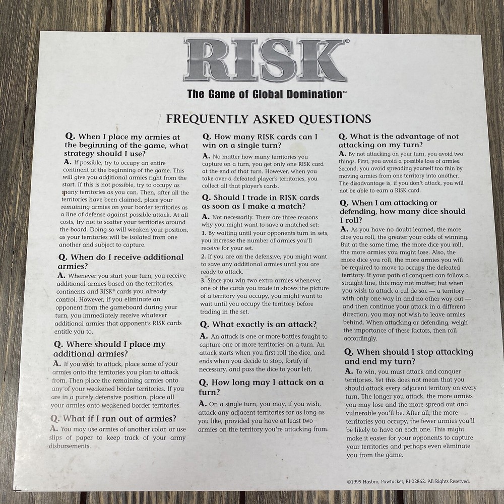 Hasbro 1999 Risk Replacement Piece Part Frequently Asked Questions Sheet