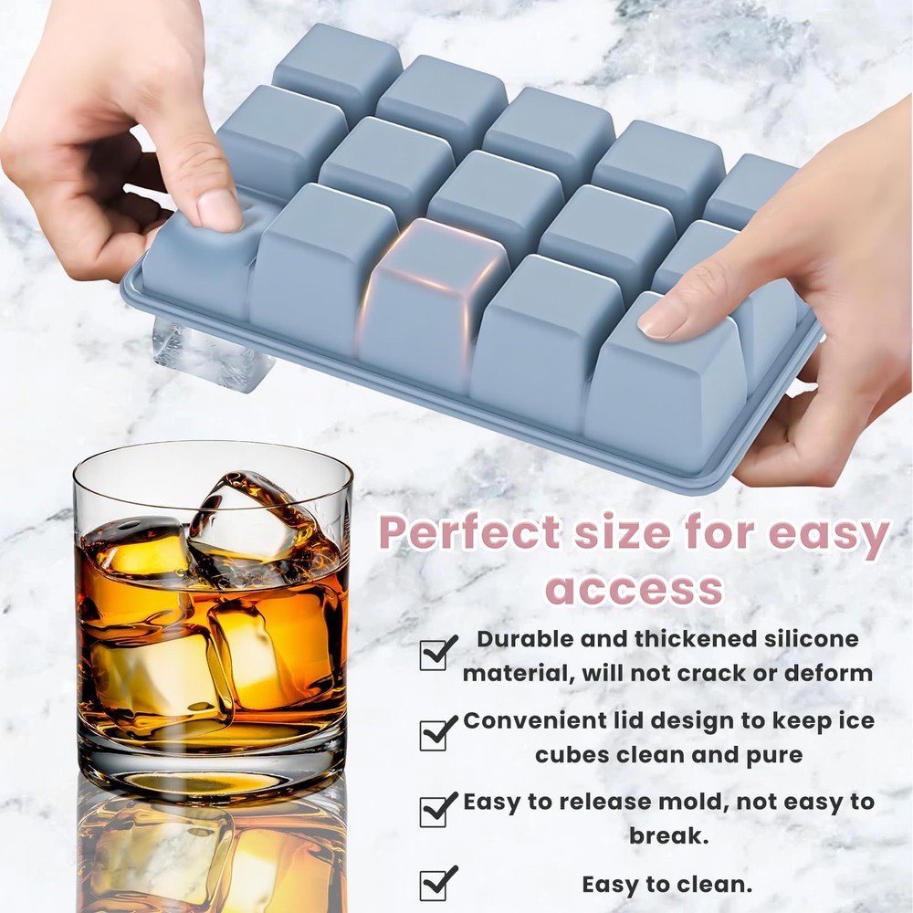 Large Silicone Ice Cube Trays with Lid, Make 15 Ice Cubes per Tray, Include 7...
