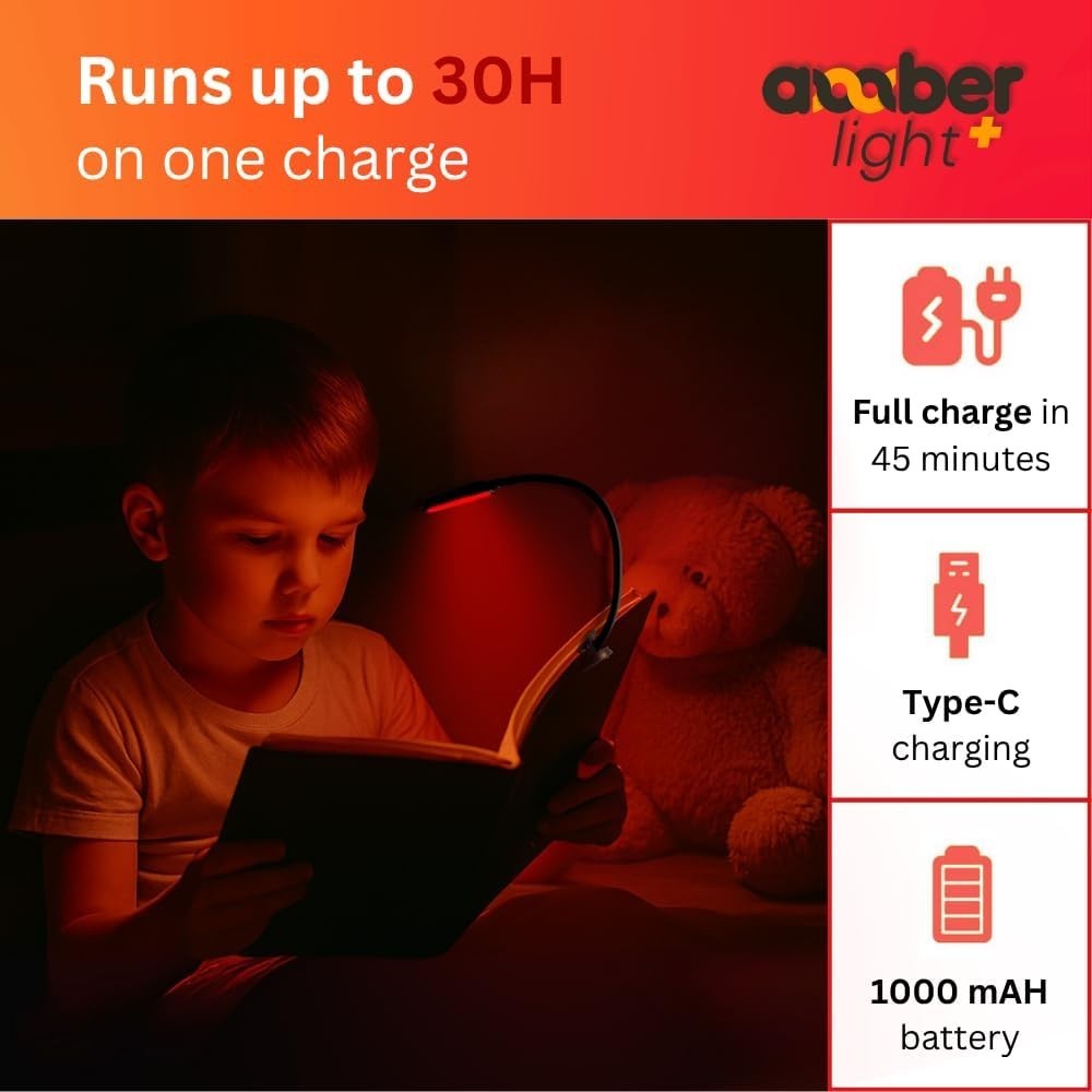 Amber Reading Light + Redlight. Giftable Blue Light Blocking Book Light for Read