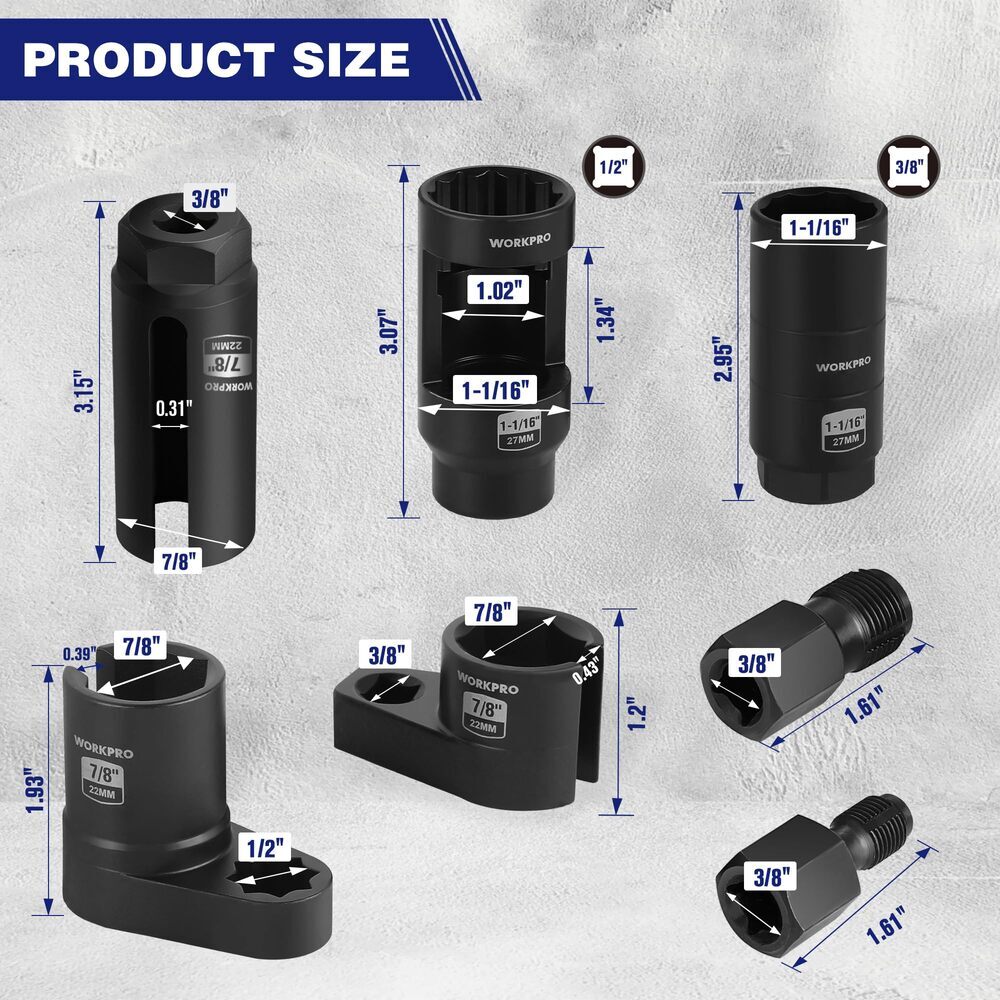 WORKPRO 7PC O₂ Oxygen Sensor Socket Socket Removal Tool Wrench Thread Chaser Set