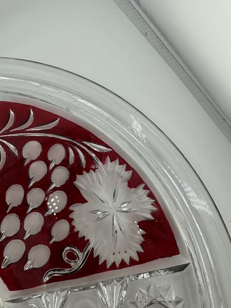 Vintage Ruby Czech Cut Glass Flat Cake Plate Read 12"