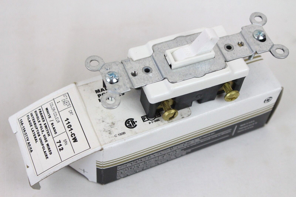 NEW LEVITON # 1101-CW SINGLE POLE FRAMED SWITCH WHITE