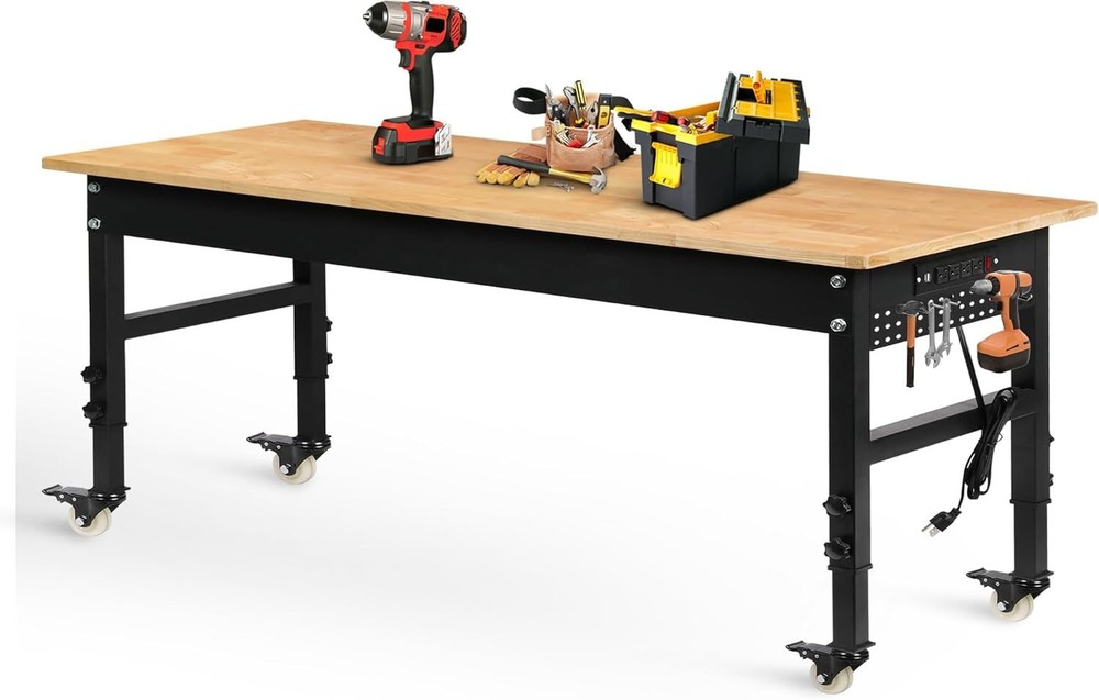 70" Adjustable Workbench on Wheels, 2000 LBS Heavy Duty Work Table with Power Ou