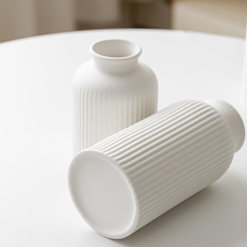 Large Modern Ceramic Vase Set, White Ribbed Matte Design, 3-Piece Decorative ...
