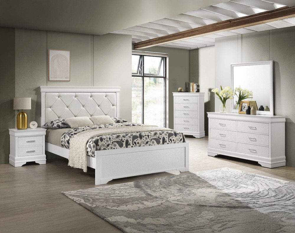 6pc White Queen Bedroom Set Upholstered Diamond Tufted Headboard Panel Bed