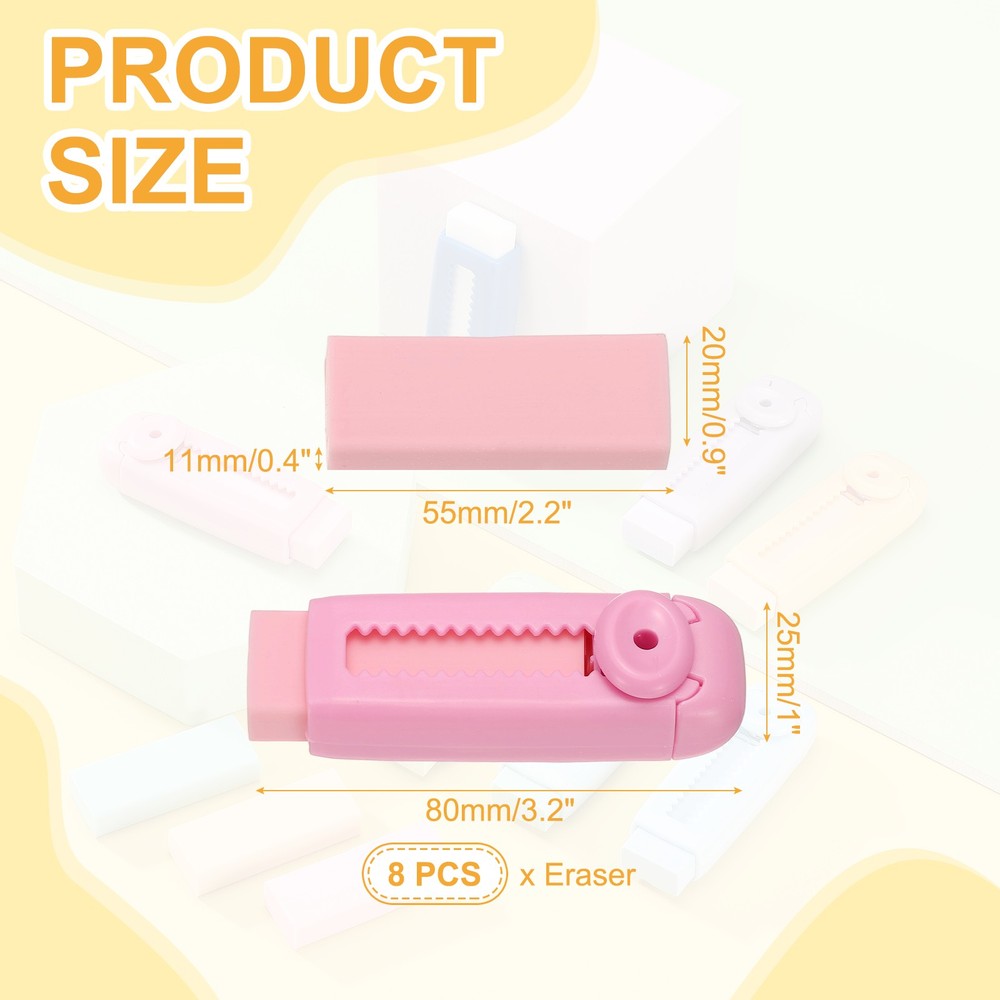 8 Pack Erasers, Pencil Erasers Large Eraser Push Pull Cute Soft, Pink