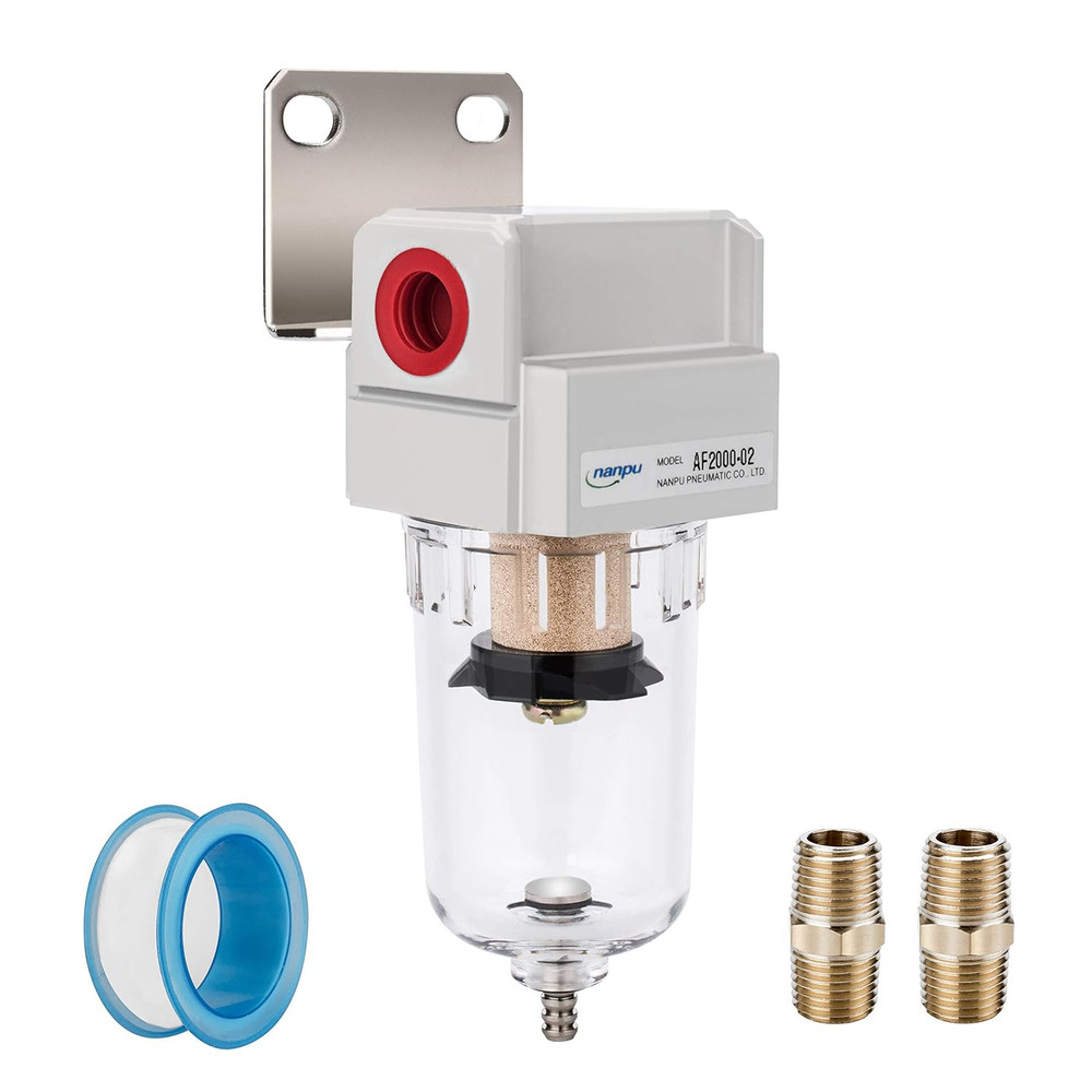 1/4" NPT Compressed Air Line Filter, 5 Micron Brass Element, Bracket, Poly Bowl,