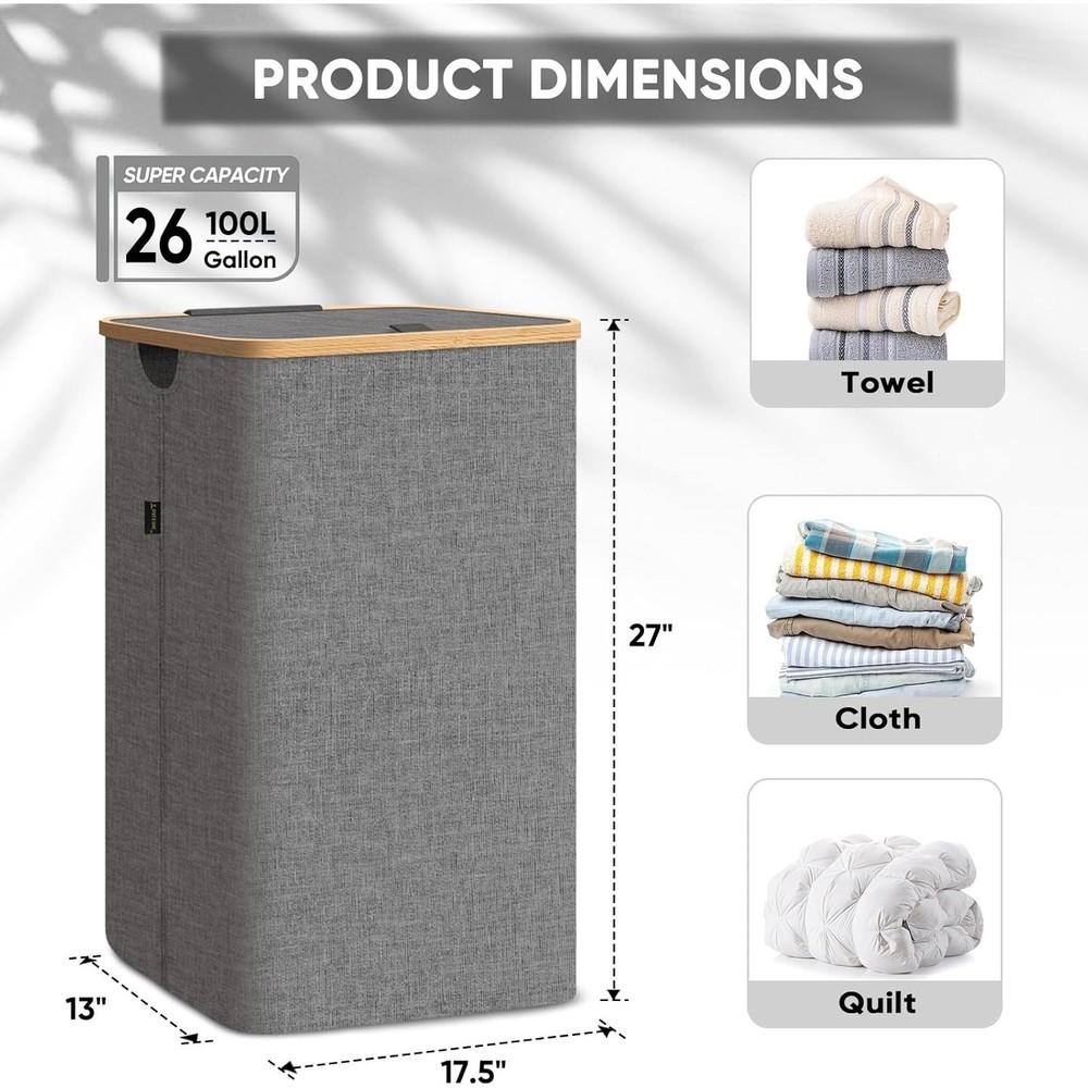 Laundry Hamper with Lid, Bamboo Pull Handles Internal Support 26Gal Carbon Black