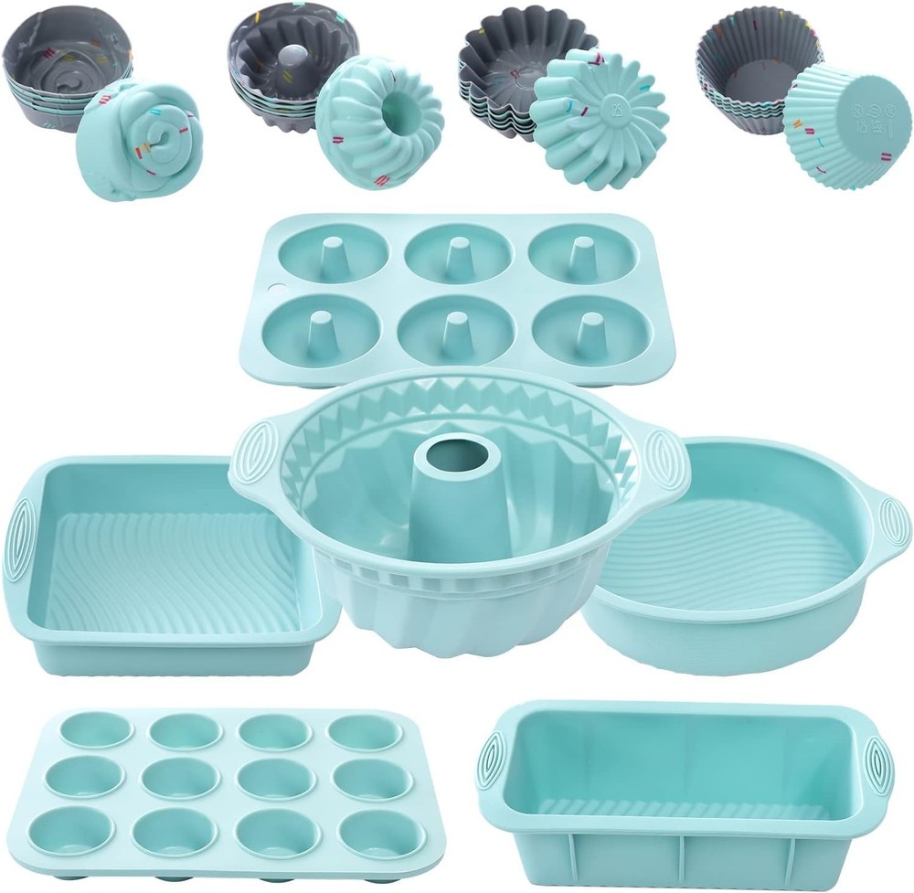 Silicone Bakeware Set 30pc Green Nonstick Oven Safe Muffin Donut Cake Pan