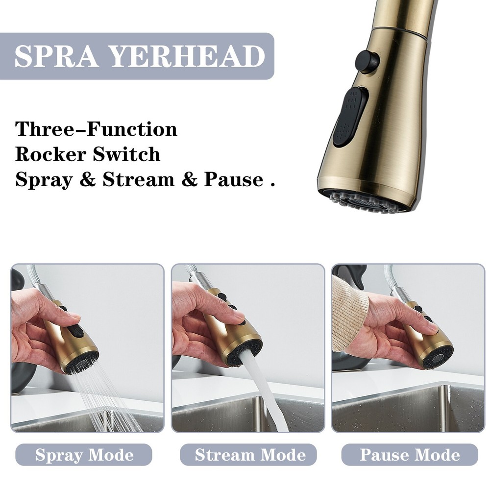 Kitchen Sink Faucet Pull Down Sprayer Brushed Gold Single Handle Mixer Tap&Cover