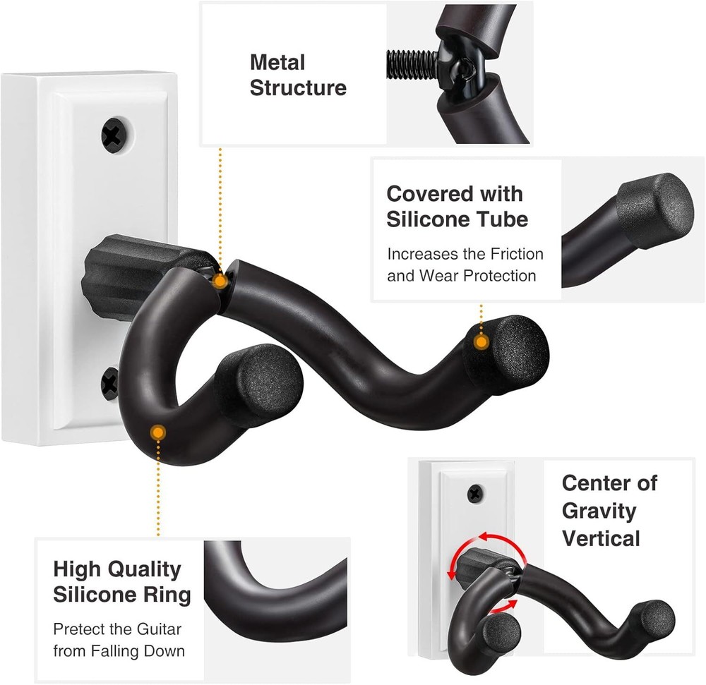 Guitar Wall Mount Hanger 2 Pack, Holder Hook Bracket White