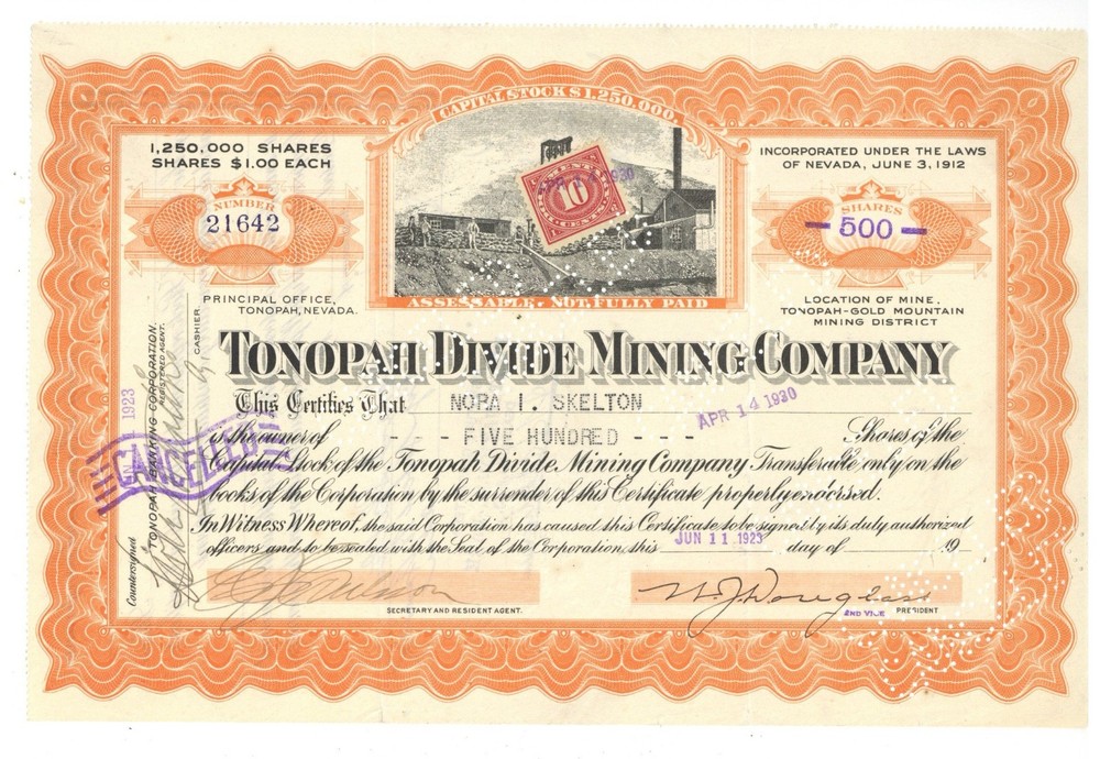 Tonopah Divide Mining Company. Stock Certificate