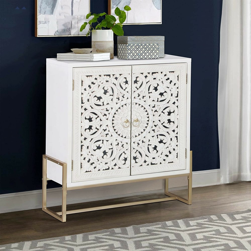 Accent Storage Cabinet 2 Doors Hollow Carved Decorative Cabinet Buffet Sideboard
