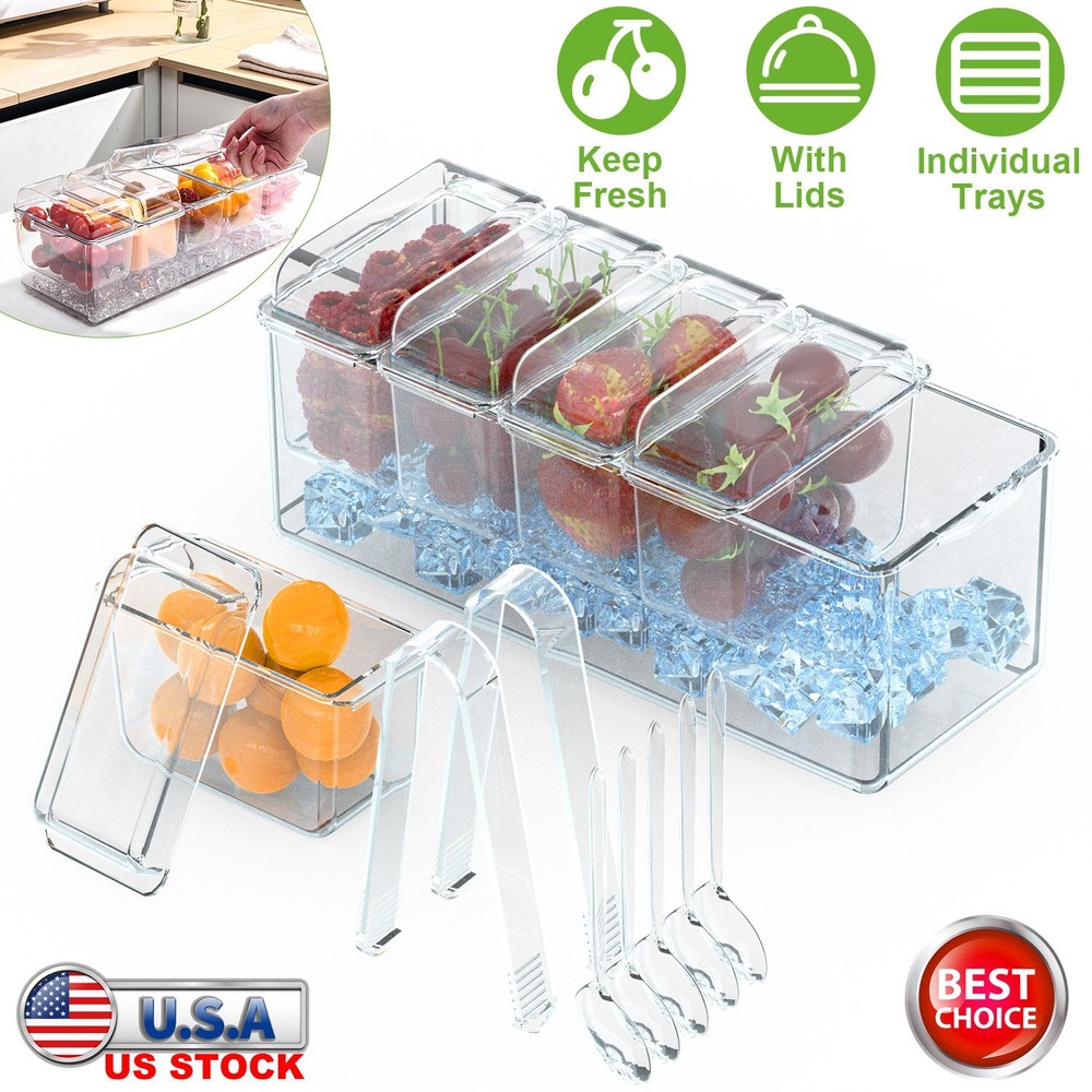 Ice Chilled Condiment Caddy, Condiment Server with Separate Lids Keep Fresh