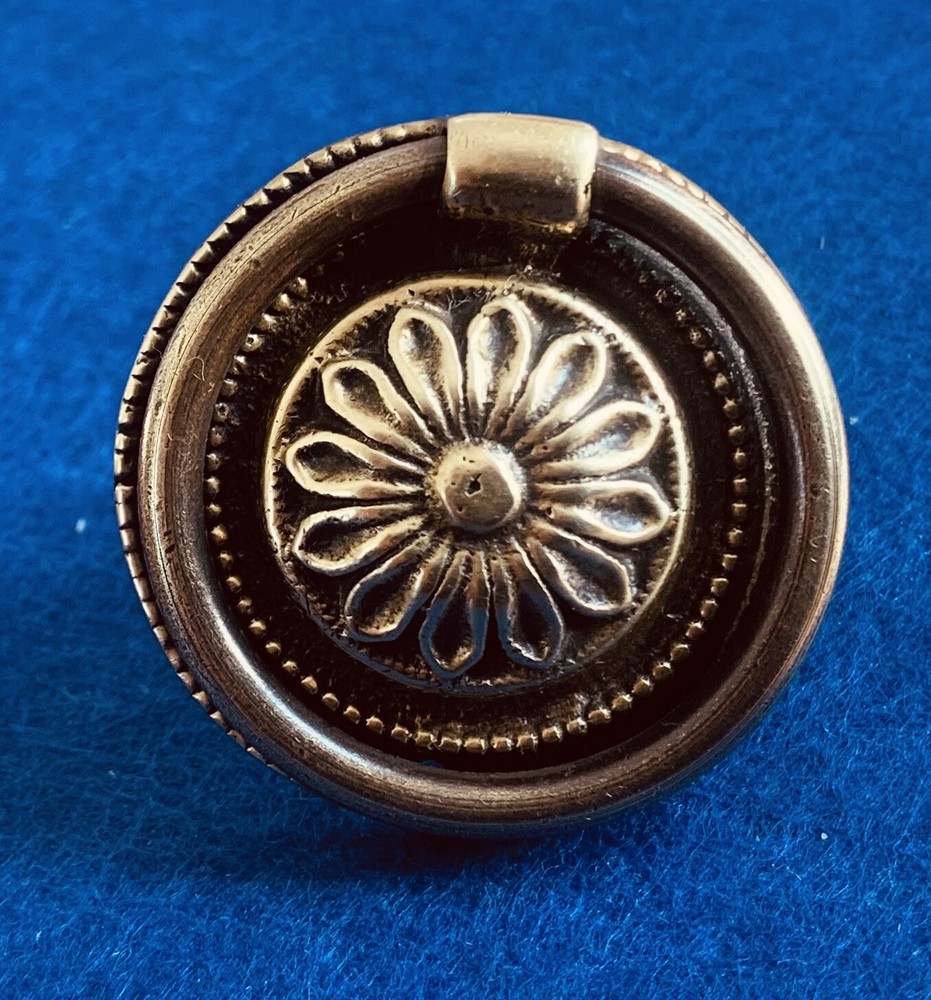 Antique Drawer Pull Flower Round Brass Drop Ring Hepplewhite Sheraton 1.75”