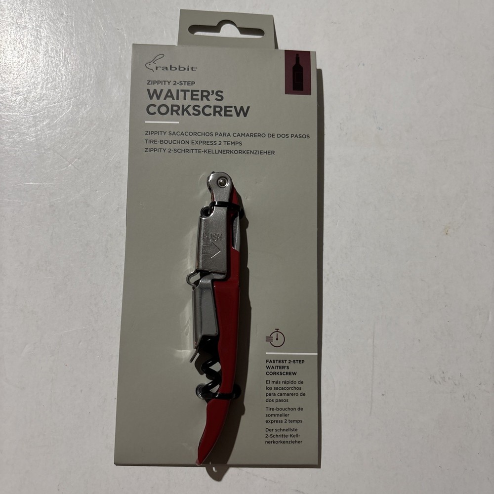 Rabbit Zippity 2-Step Waiter's Corkscrew RED Handheld Manual On Card