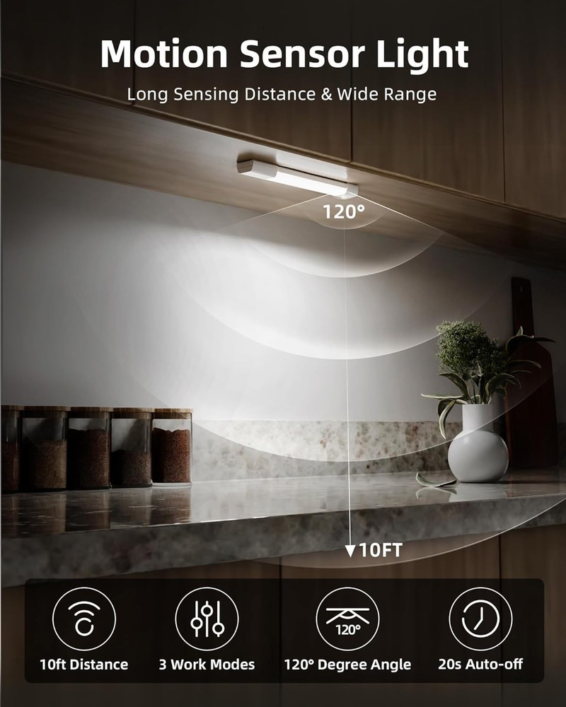 3 Pack 7” Motion Sensor Light Indoor Wireless Under Cabinet Lighting White