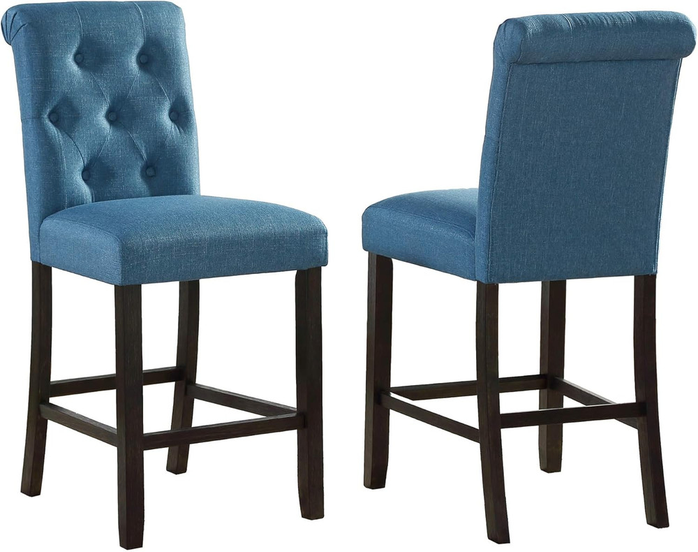 Hendley Blue Solid Wood Tufted Counter Height Stools, Set of 2