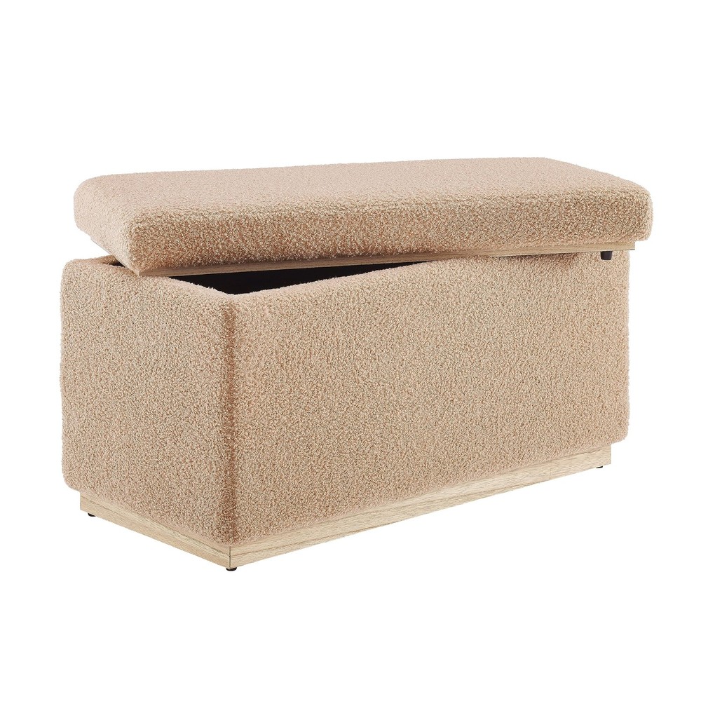 Tan Lexington Sherpa Upholstered Rectangular Storage Ottoman With Natural Wood A