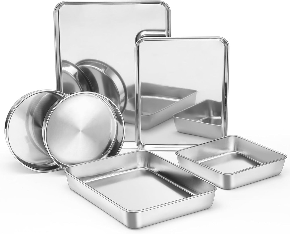 E-Far Stainless Steel Baking Pan Set, 6-Piece Metal Bakeware Sets Include Cookie