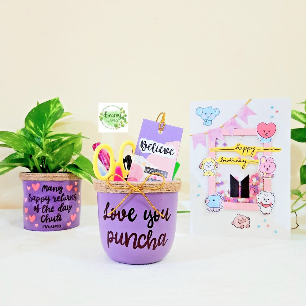 Customizable Gift Pack – Hand-Painted Pot, Pen Holder & Matching Handmade Card