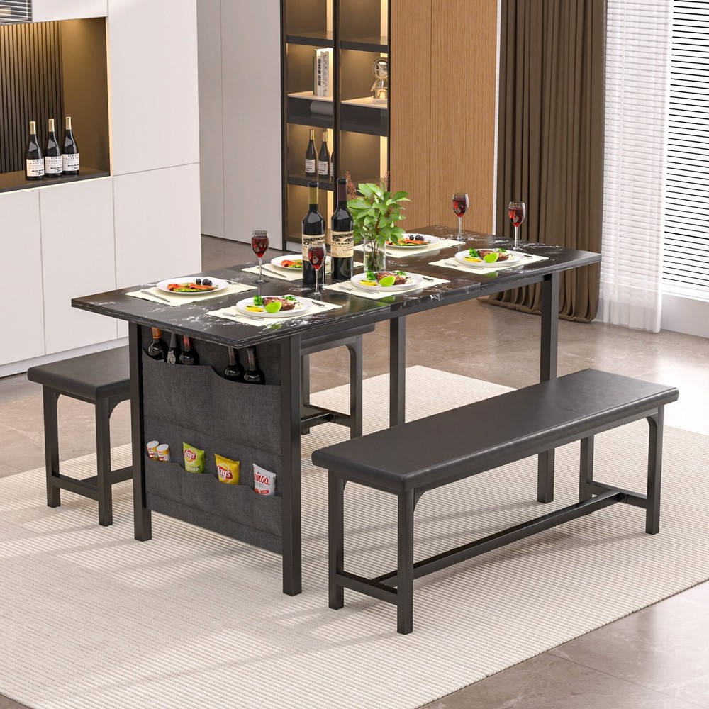 Extendable Dining Room Table Set +2 Benches Kitchen Wood Set for 4-6 Small Space