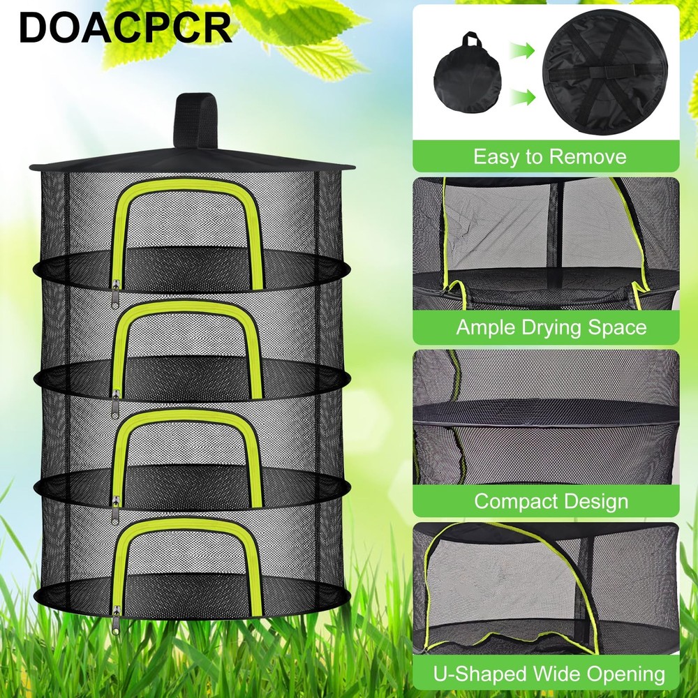 4 Layer Herb Drying Rack Hanging Mesh Foldable UZipper 23.62 Inch Shears Pot