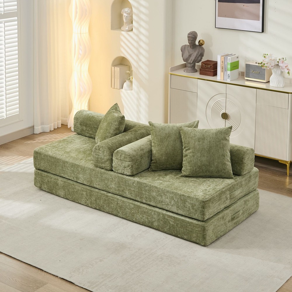 Multi-Functional Floor Sofa Convertible Folding Chenille Bed Sofa Couch Green