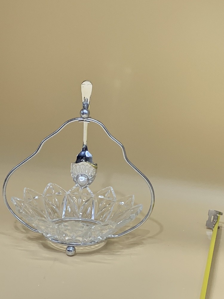 PRETTY GLASS GARNISH DISH WITH SPOON