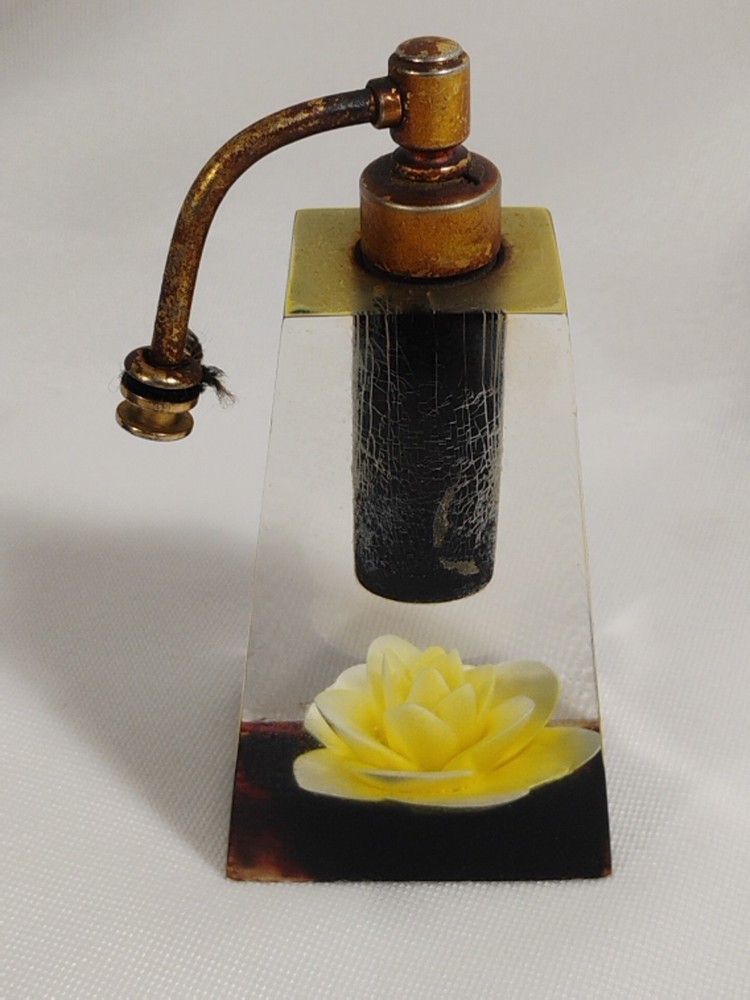 Jane Art Perfume Bottle Lucite w/Atomizer Empty Yellow Rose Inside Needs Pump