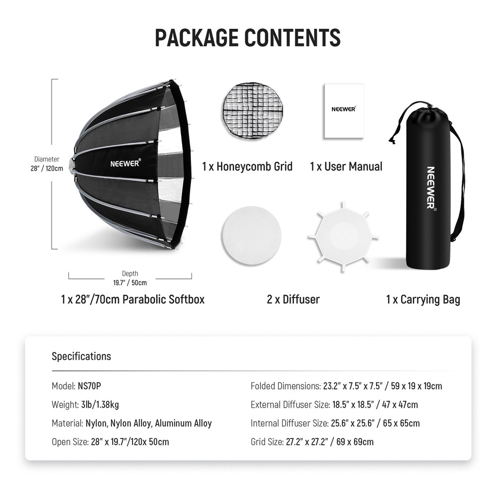 NEEWER NS120PD 47" Parabolic Softbox - Bowens Mount w/ Grid & Diffuser