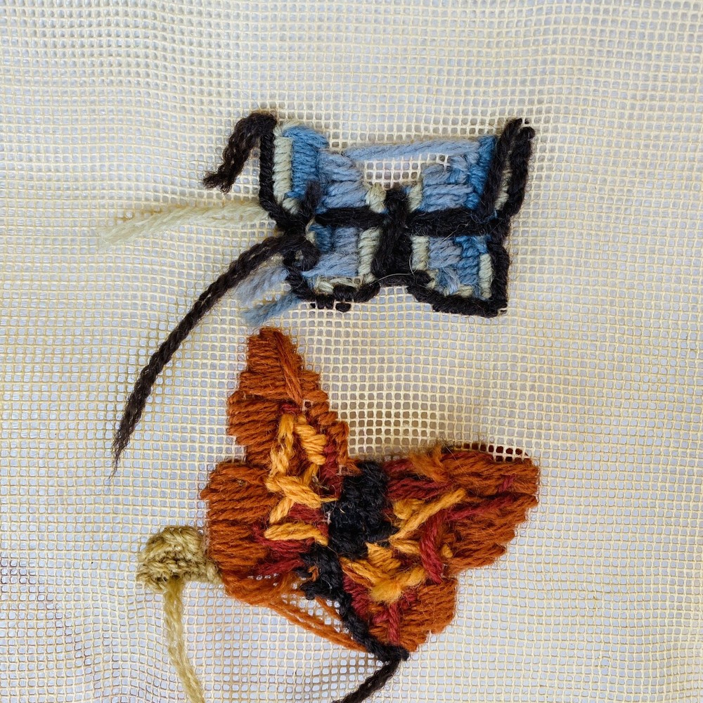 STARTED Vintage Butterfly Needlepoint Canvas Vertical ~12x35 PARTLY COMPLETED