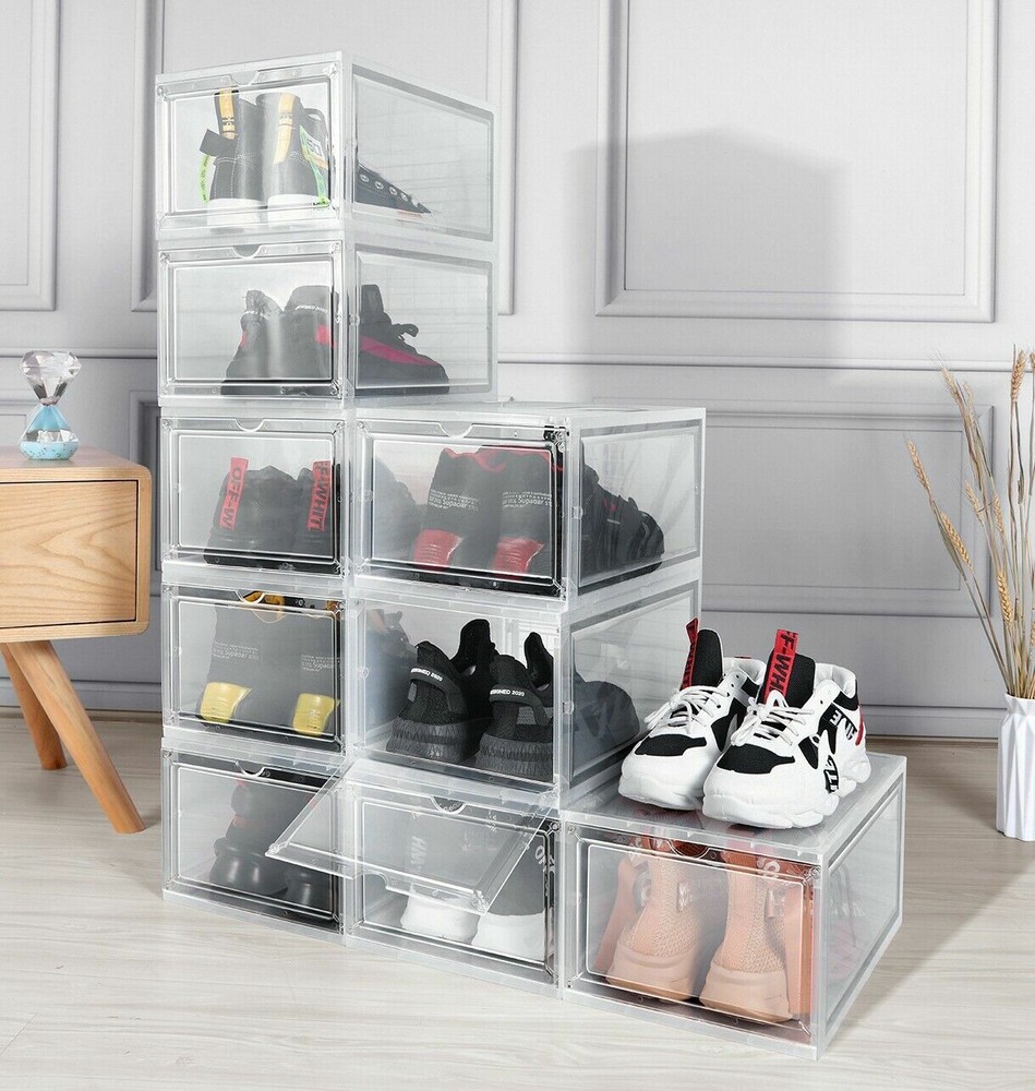 12x Clear Shoe Boxes Hard Plastic Magnetic Sneaker Storage Organizer Stackable
