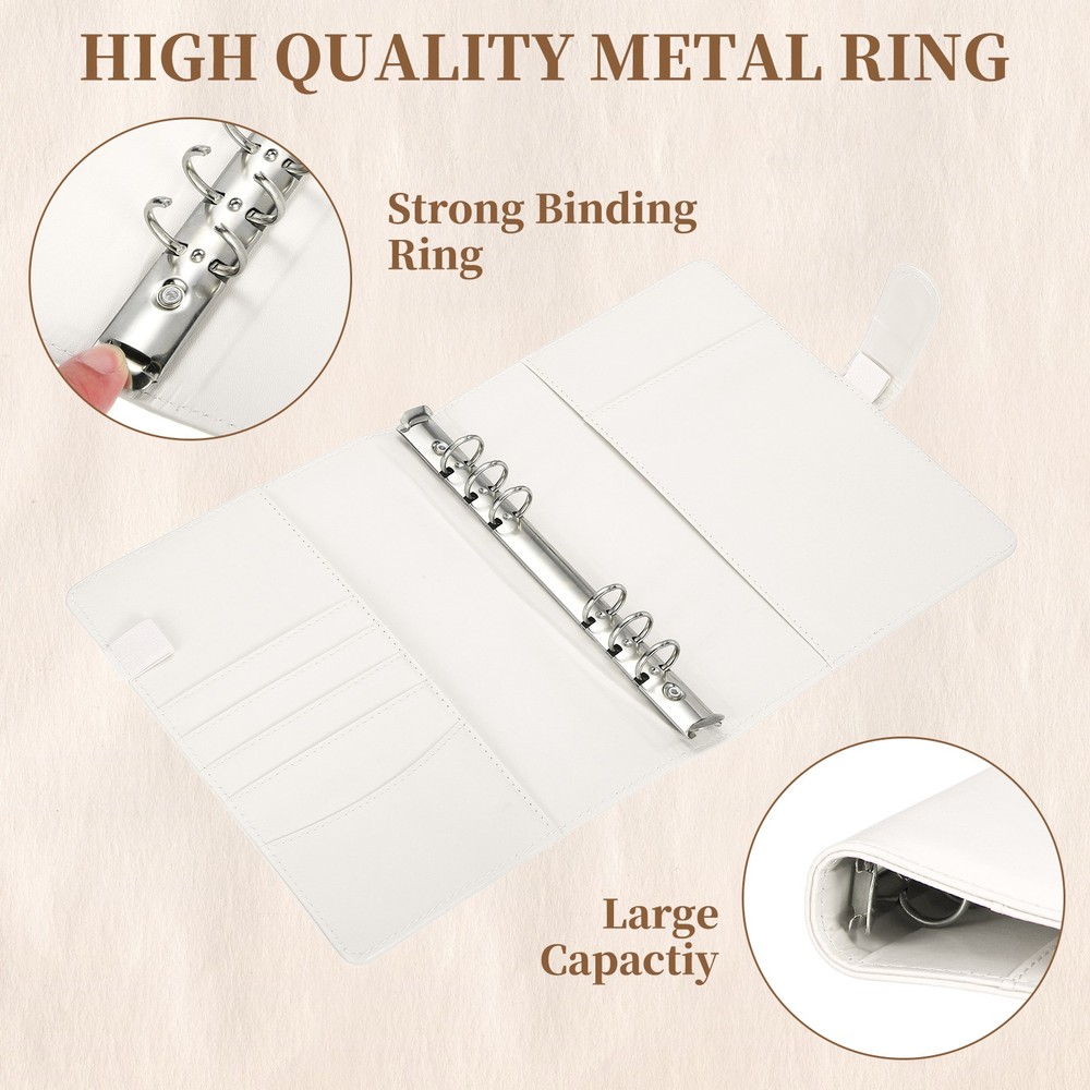 A5 PU Leather Binder Protector, 6 Ring Loose Leaf Notebook Shell, White