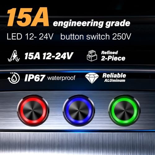 15Amp Push Button Switch，(0.75") 12V-24V Latching Push Button Switch 19mm Blue