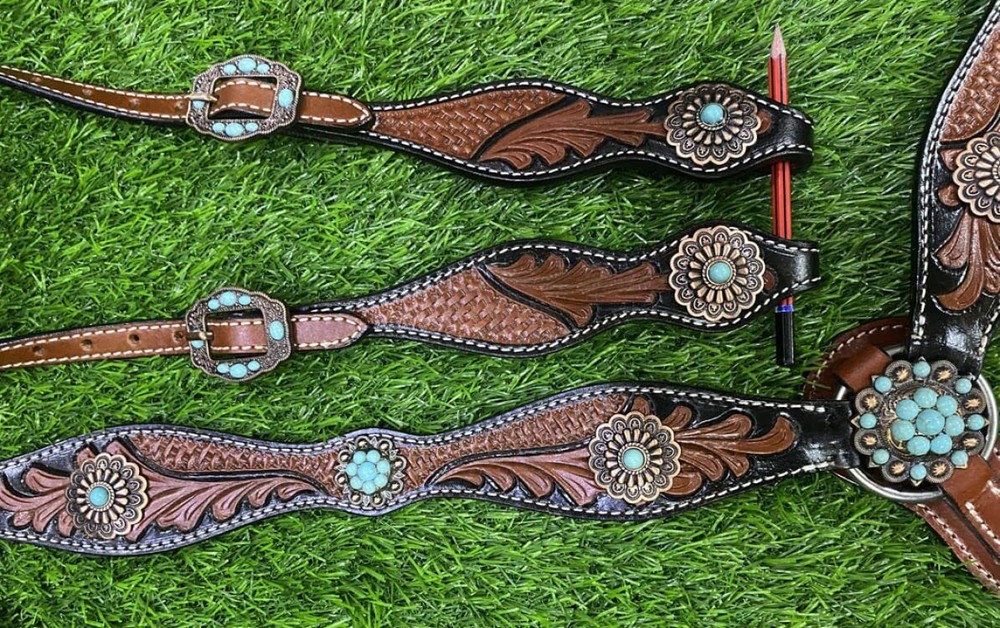 Showman Two-Tone Tooled Single Ear Headstall & Breast Collar Set