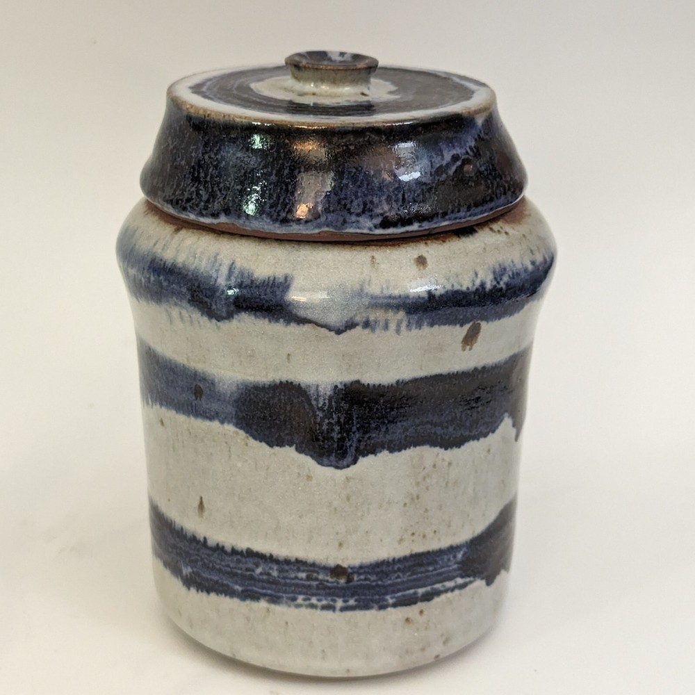 Vintage Studio Pottery Lidded Jar Stoneware Blue Stripe 1995 Signed Marked 6¼ in