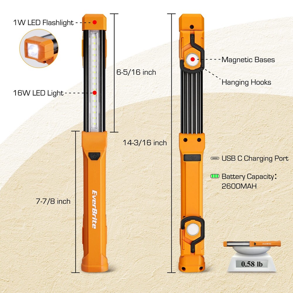 EverBrite 1000LM LED Work Light Rechargeable Work Light 4 Modes w/USB C Cable US