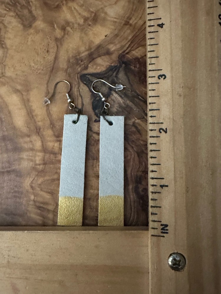 Gray & Gold Painted Bottom Leather Rectangle Dangle Hook Geometric Earrings