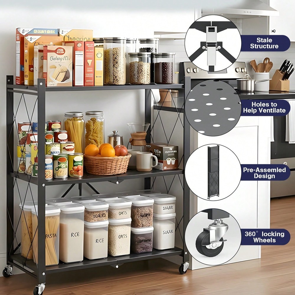 Foldable 3/4/5 Tier Rolling Storage Shelves Metal Wire Rack Black