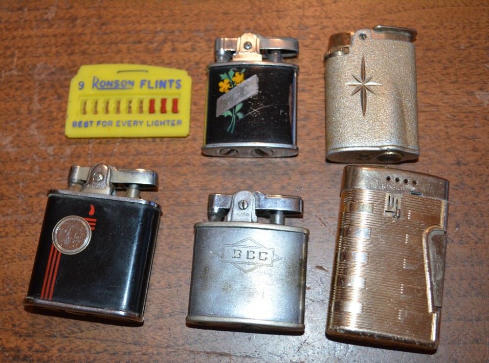 VTG RONSON Lighters (5) Gold Black Monogrammed EMPTY