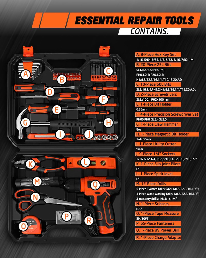 139-Piece Tool Set - Tool Kit with 8V Cordless Drill Driver in Toolbox Storage C