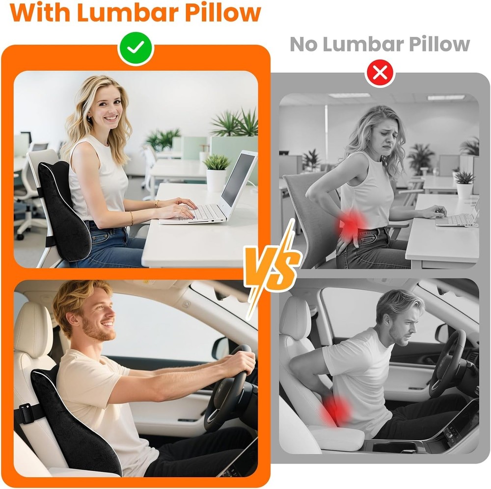 CloudBliss Ergonomic Lumbar Support Pillow – Memory Foam for Standard, Black