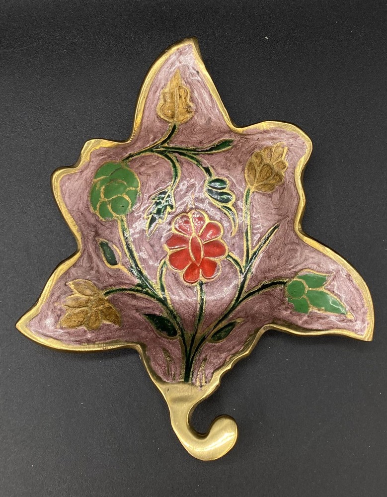 Enameled Brass 6” Maple Leaf Dish Tray Floral Design