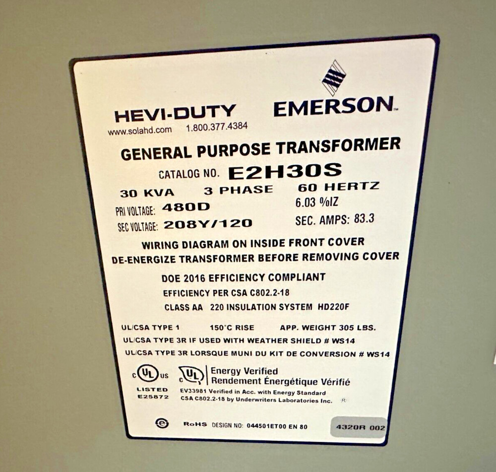 Emerson Hevi-Duty E2H30S Control Transformer