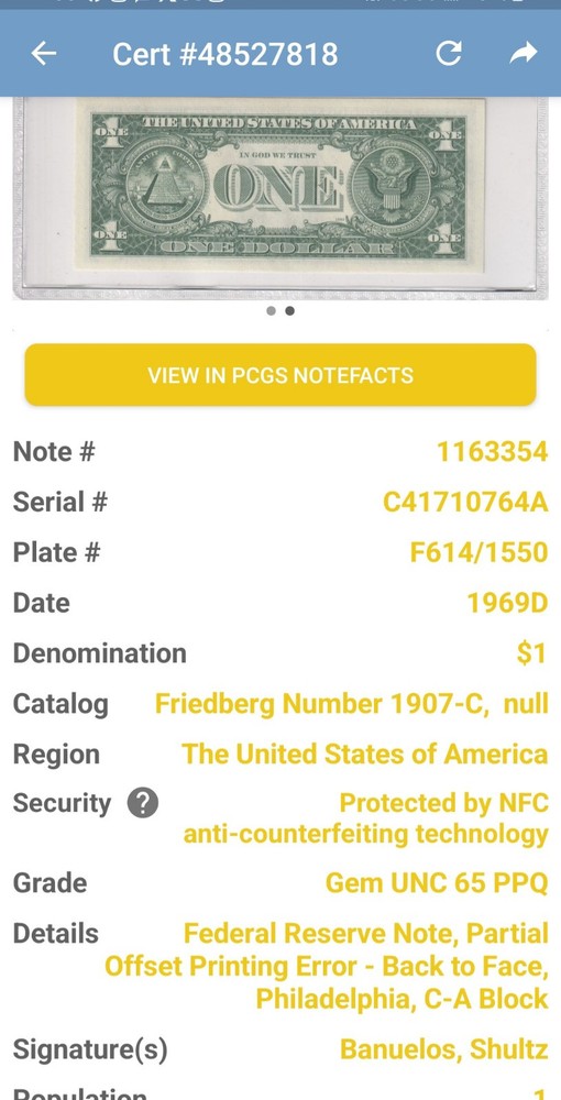 $1 1969D FRN Partial Offset Printing Error Back To Face PCGS 65 PPQ Gem UNC