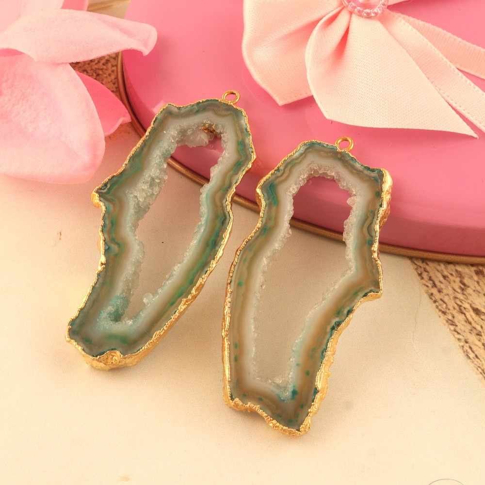 Big Natural Geode Slice Gold Electroplated DIY Pair Connector For Making Earring