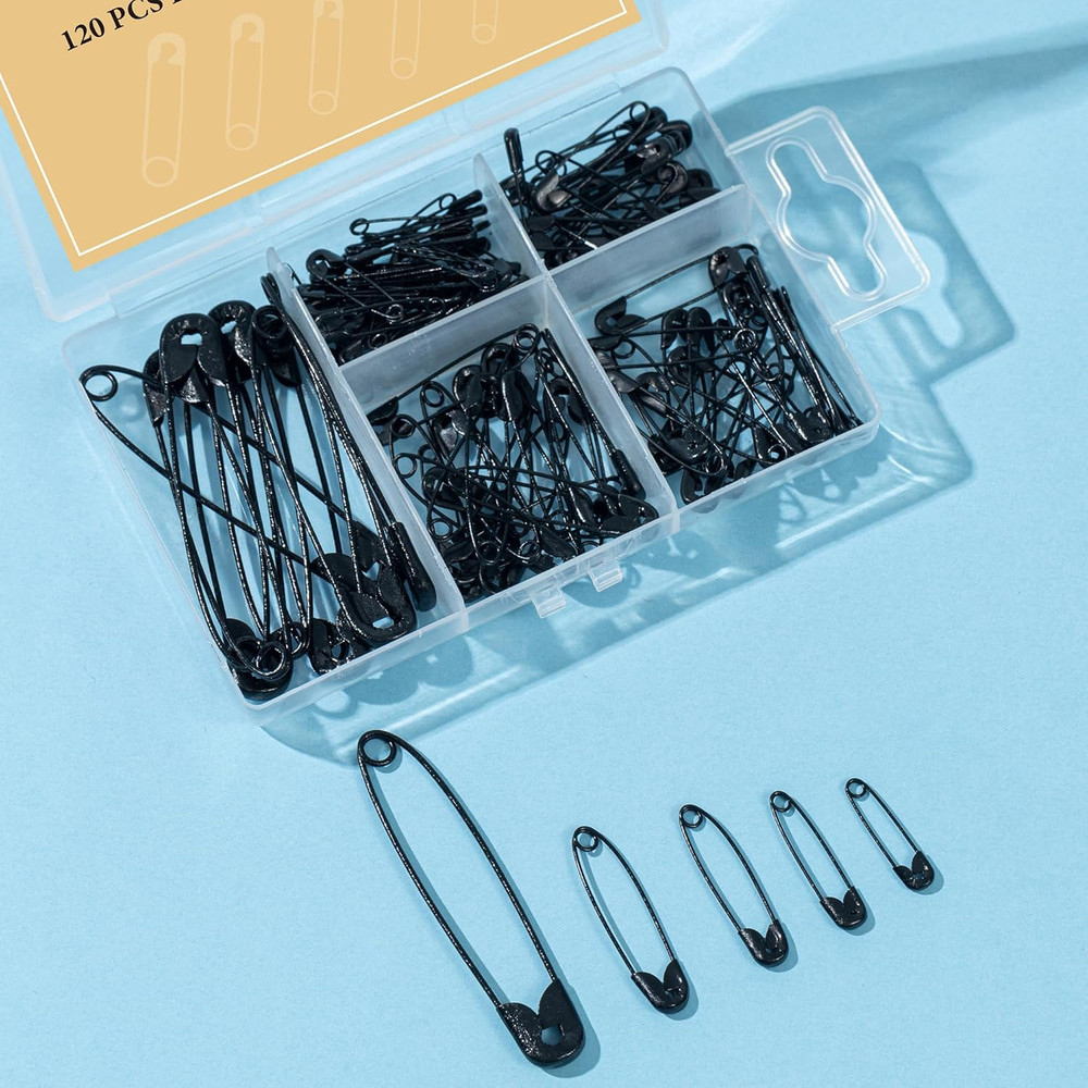 120 PCS 5 Different Sizes Black Safety Pins Assorted, Small and Large