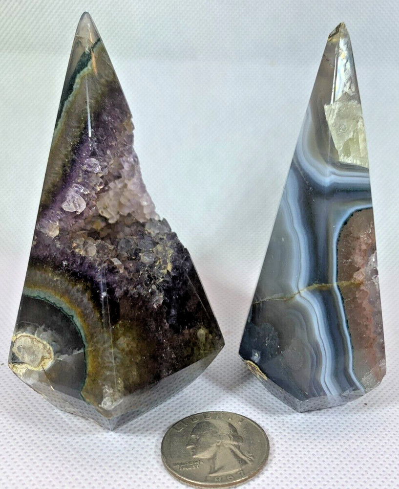 AMETHYST PYRAMID POINTS WITH OPEN CAVES OF CRYSTAL POINTS - NEW DESIGN CUT